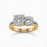 Yellow Gold Cushion & Round Diamond Modern Two Stone Ring With Side Diamonds