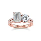 Rose Gold Emerald & Round Diamond Modern Two Stone Ring With Side Diamonds