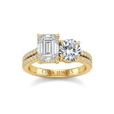 Yellow Gold Emerald & Round Diamond Modern Two Stone Ring With Side Diamonds