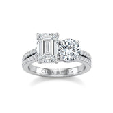White Gold Emerald & Round Diamond Modern Two Stone Ring With Side Diamonds