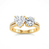 Yellow Gold Heart & Round Diamond Modern Two Stone Ring With Side Diamonds