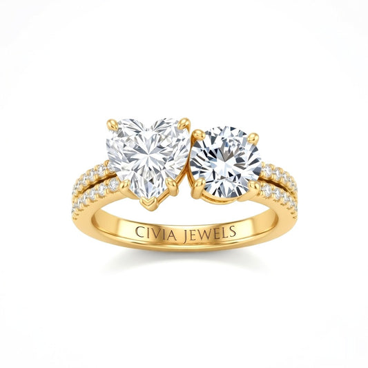 Yellow Gold Heart & Round Diamond Modern Two Stone Ring With Side Diamonds