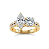 Yellow Gold Marquise & Round Diamond Modern Two Stone Ring With Side Diamonds