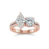Rose Gold Marquise & Round Diamond Modern Two Stone Ring With Side Diamonds