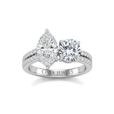 Silver Marquise & Round Diamond Modern Two Stone Ring With Side Diamonds