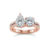 Rose Gold Pear & Round Diamond Modern Two Stone Ring With Side Diamonds