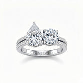 Silver Pear & Round Diamond Modern Two Stone Ring With Side Diamonds