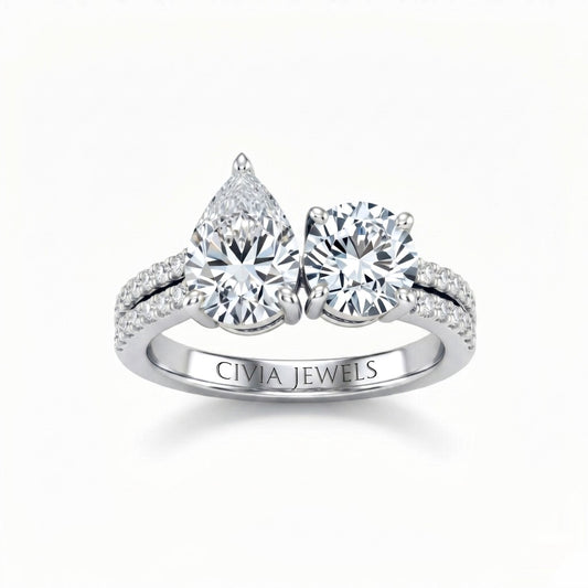 Silver Pear & Round Diamond Modern Two Stone Ring With Side Diamonds