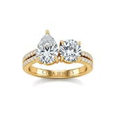 Yellow Gold Pear & Round Diamond Modern Two Stone Ring With Side Diamonds