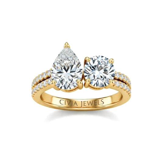 Yellow Gold Pear & Round Diamond Modern Two Stone Ring With Side Diamonds