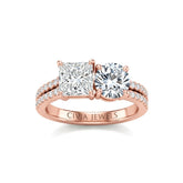 Rose Gold Princess & Round Diamond Modern Two Stone Ring With Side Diamonds