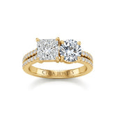 Yellow Gold Princess & Round Diamond Modern Two Stone Ring With Side Diamonds