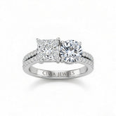 White Gold Princess & Round Diamond Modern Two Stone Ring With Side Diamonds