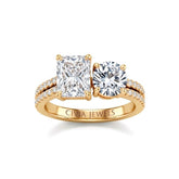 Yellow Gold Radiant & Round Diamond Modern Two Stone Ring With Side Diamonds