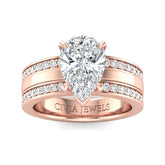 Rose Gold Pear Diamond Multirow Engagement Ring With Four Prong Setting And Pavé Side Bands
