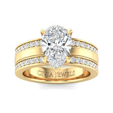 Yellow Gold Pear Diamond Multirow Engagement Ring With Four Prong Setting And Pavé Side Bands