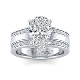 White Gold Pear Diamond Multirow Engagement Ring With Four Prong Setting And Pavé Side Bands