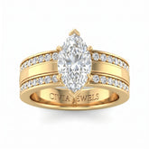 Yellow Gold Marquise Diamond Multirow Engagement Ring With Four Prong Setting And Pavé Side Bands