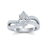 Silver Marquise Diamond Twisted Shank Engagement Ring With Four Prong Setting And Pavé Side Bands