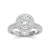 Silver Round Cut Diamond Halo Engagement Ring With Four Prong Setting And Pavé Band