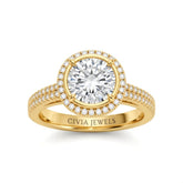 Yellow Gold Round Cut Diamond Halo Engagement Ring With Four Prong Setting And Pavé Band
