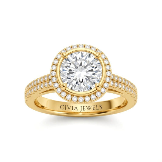 Yellow Gold Round Cut Diamond Halo Engagement Ring With Four Prong Setting And Pavé Band