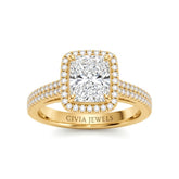 Yellow Gold Radiant Cut Diamond Halo Engagement Ring With Four Prong Setting And Pavé Band