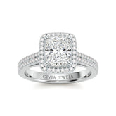 White Gold Radiant Cut Diamond Halo Engagement Ring With Four Prong Setting And Pavé Band