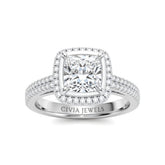 White Gold Princess Cut Diamond Halo Engagement Ring With Four Prong Setting And Pavé Band
