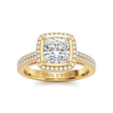 Yellow Gold Princess Cut Diamond Halo Engagement Ring With Four Prong Setting And Pavé Band