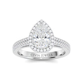 Silver Pear Cut Diamond Halo Engagement Ring With Four Prong Setting And Pavé Band
