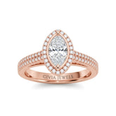 Rose Gold Marquise Cut Diamond Halo Engagement Ring With Four Prong Setting And Pavé Band