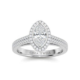 Silver Marquise Cut Diamond Halo Engagement Ring With Four Prong Setting And Pavé Band