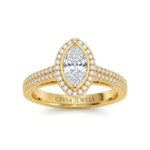 Yellow Gold Marquise Cut Diamond Halo Engagement Ring With Four Prong Setting And Pavé Band