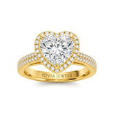 Yellow Gold Heart Cut Diamond Halo Engagement Ring With Four Prong Setting And Pavé Band