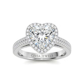 Silver Heart Cut Diamond Halo Engagement Ring With Four Prong Setting And Pavé Band
