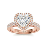 Rose Gold Heart Cut Diamond Halo Engagement Ring With Four Prong Setting And Pavé Band