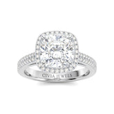 Silver Cushion Cut Diamond Halo Engagement Ring With Four Prong Setting And Pavé Band