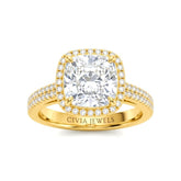 Yellow Gold Cushion Cut Diamond Halo Engagement Ring With Four Prong Setting And Pavé Band