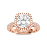 Rose Gold Cushion Cut Diamond Halo Engagement Ring With Four Prong Setting And Pavé Band