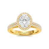 Yellow Gold Oval Cut Diamond Halo Engagement Ring With Four Prong Setting And Pavé Band