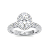 Silver Oval Cut Diamond Halo Engagement Ring With Four Prong Setting And Pavé Band