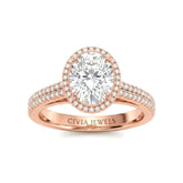Rose Gold Oval Cut Diamond Halo Engagement Ring With Four Prong Setting And Pavé Band