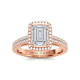 Rose Gold Emerald Cut Diamond Halo Engagement Ring With Four Prong Setting And Pavé Band