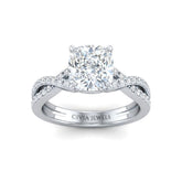 Silver Cushion Diamond Engagement Ring With Twisted Pavé Band And Four Prong Solitaire Setting