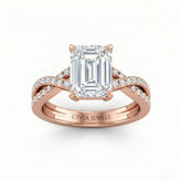 Rose Gold Emerald Diamond Engagement Ring With Twisted Pavé Band And Four Prong Solitaire Setting