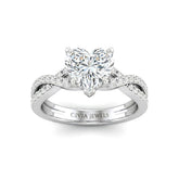 White Gold Heart Diamond Engagement Ring With Twisted Pavé Band And Four Prong Solitaire Setting