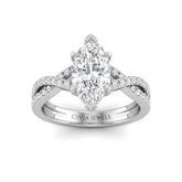 Silver Marquise Diamond Engagement Ring With Twisted Pavé Band And Four Prong Solitaire Setting