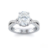 Silver Oval Diamond Engagement Ring With Twisted Pavé Band And Four Prong Solitaire Setting
