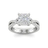 Silver Princess Diamond Engagement Ring With Twisted Pavé Band And Four Prong Solitaire Setting